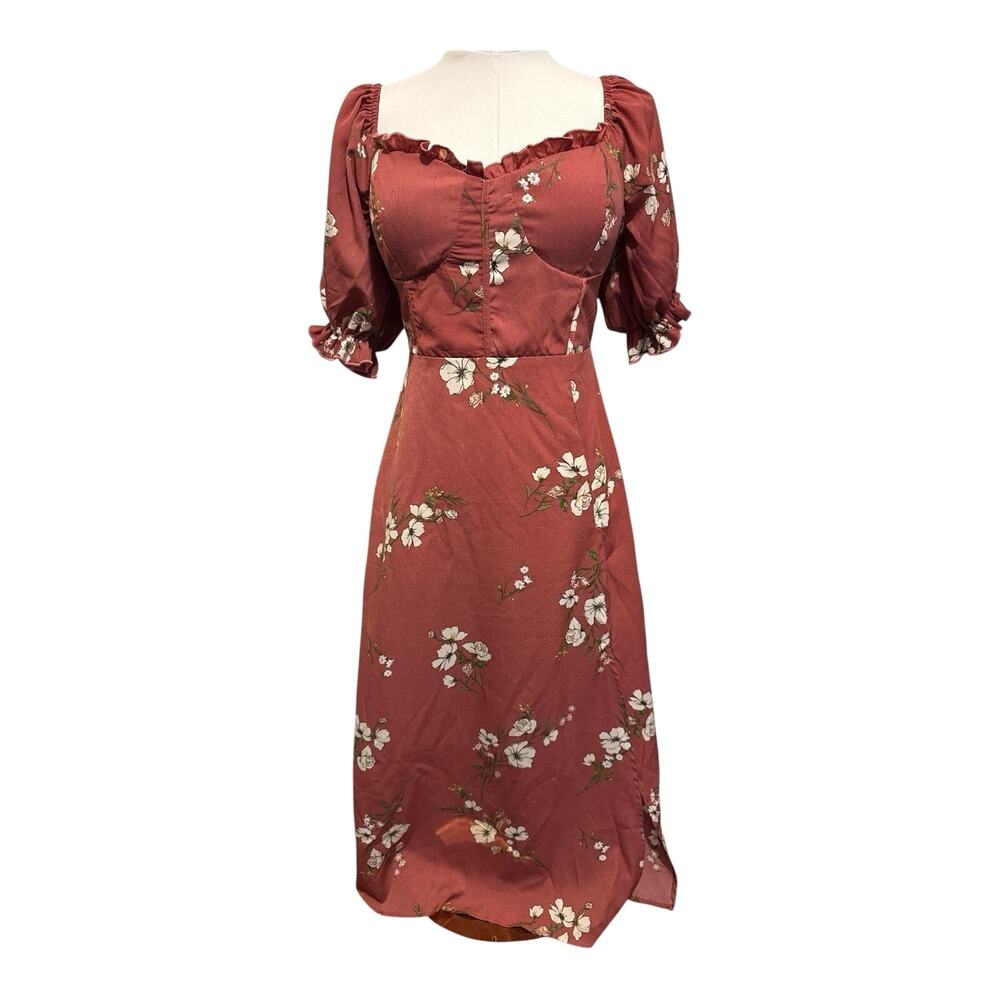 Inspired Hearts Floral Rust Short Puff Sleeves Fairy Cottagecore Midi Dress M
